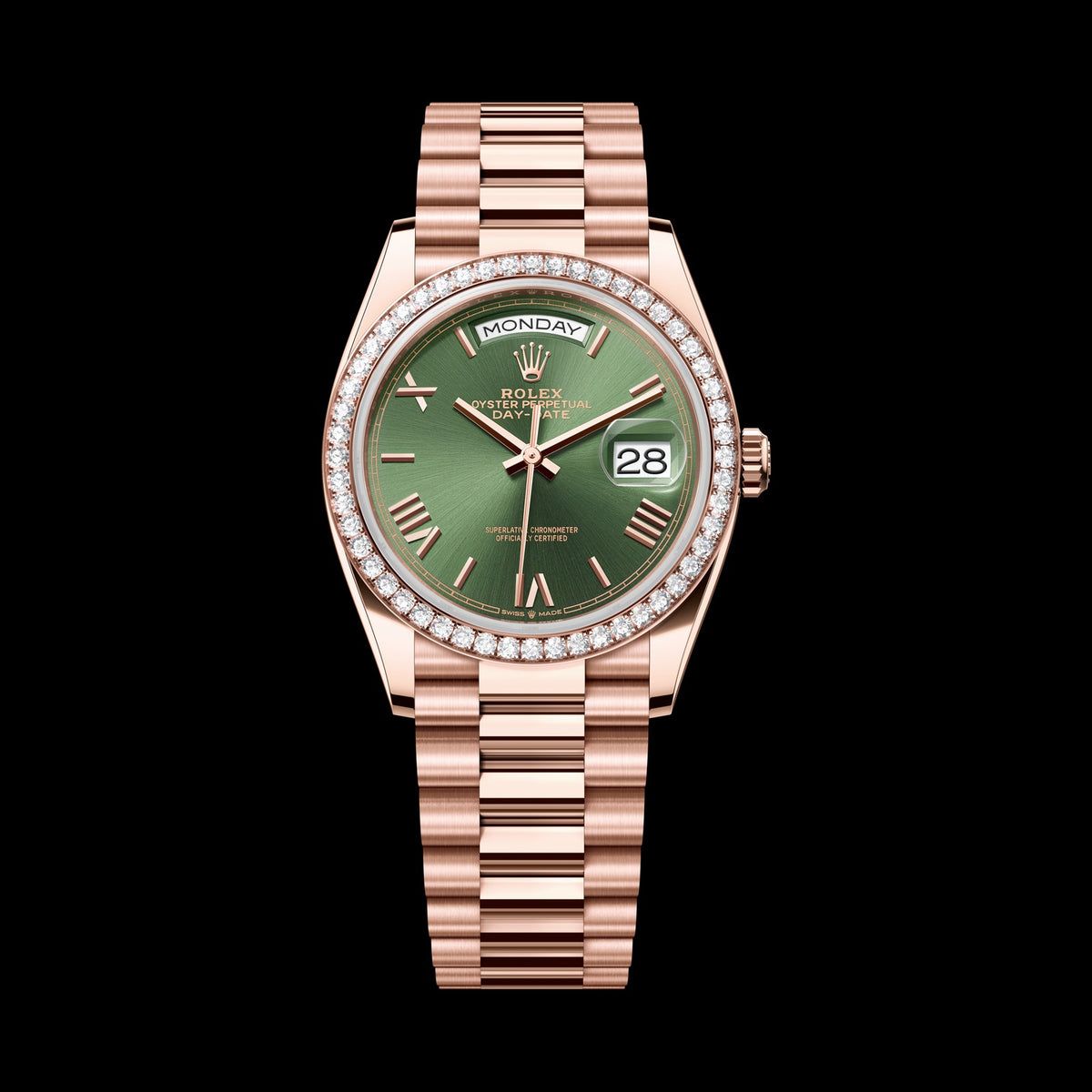 Rolex Day-Date 36mm 128345RBR-0085: 18k Everose Gold, Olive Green Dial, President Bracelet