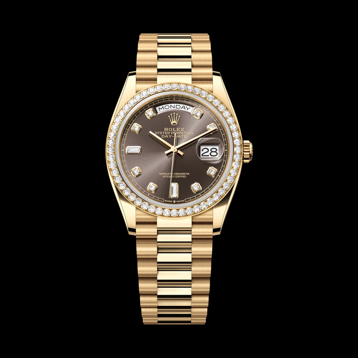 Rolex Day-Date 36mm 128348RBR-0005: 18k Yellow Gold, Dark Grey, Set with Diamonds Dial, President Bracelet