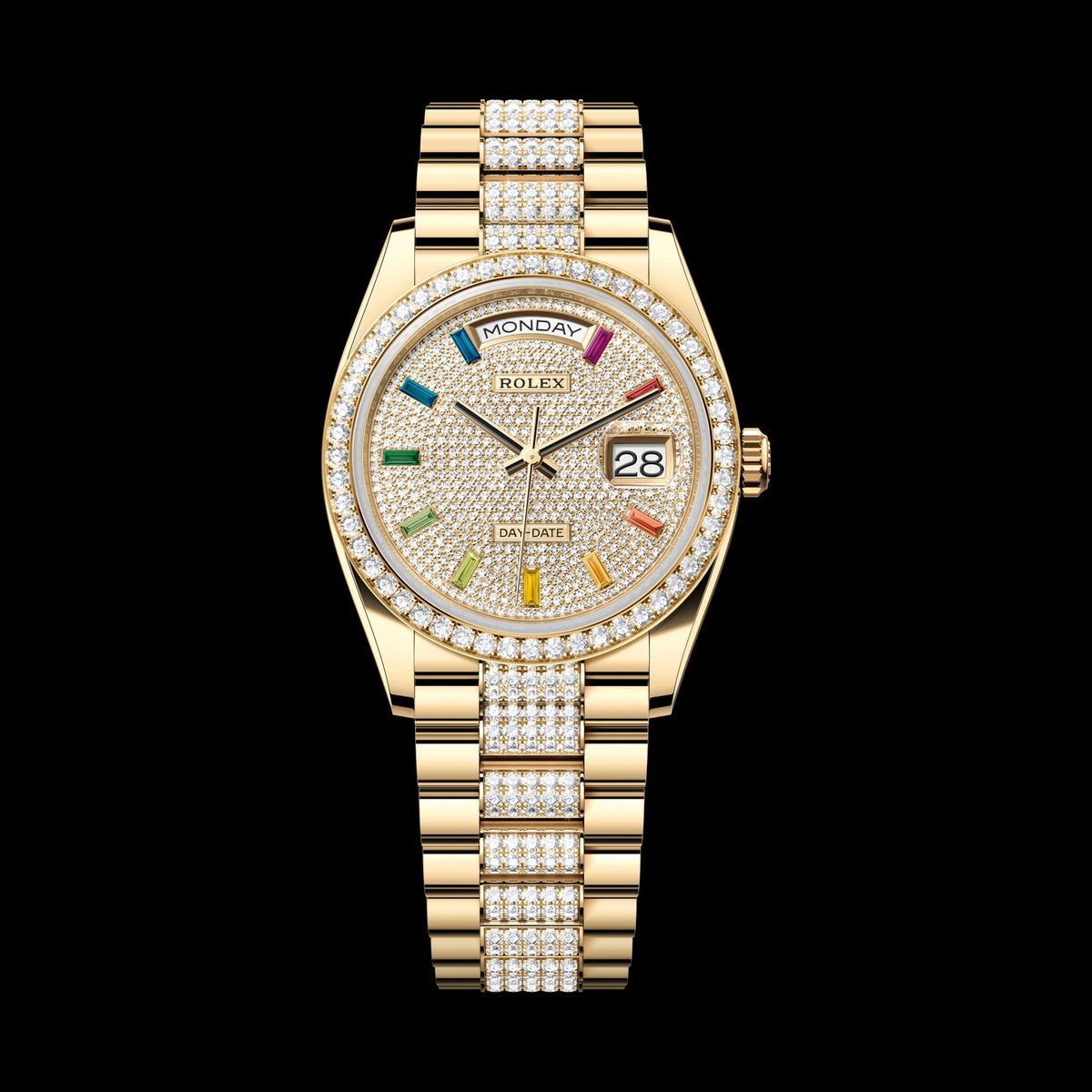 Rolex Day-Date 36mm 128348RBR-0031: 18k Yellow Gold, Diamond-Paved Dial, President Bracelet
