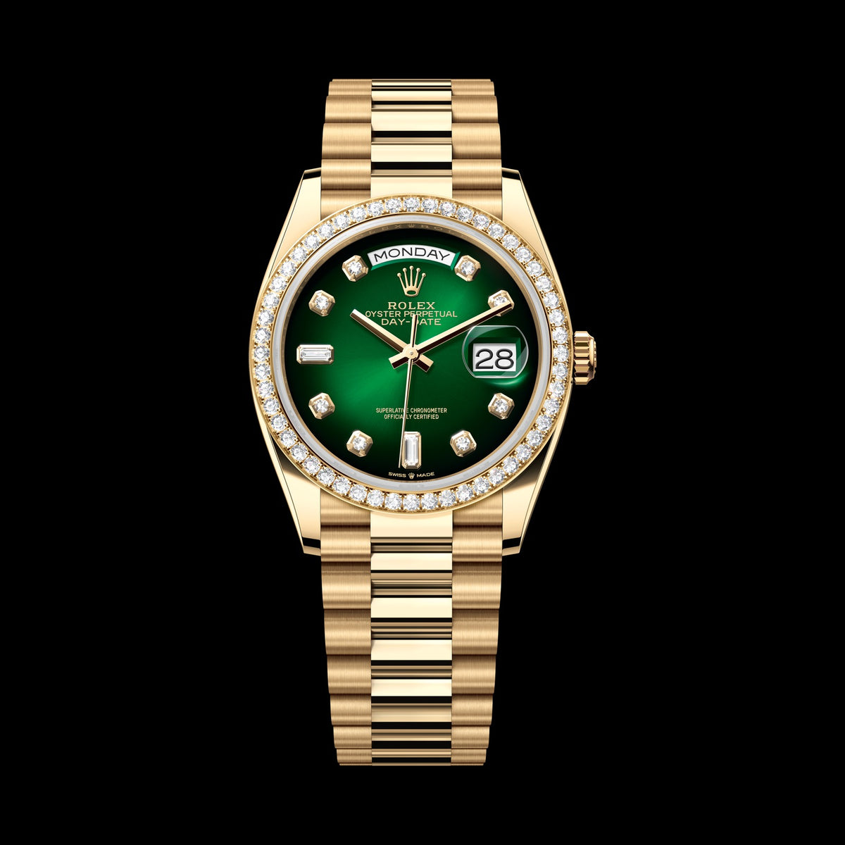 Rolex Day-Date 36mm 128348RBR-0035: 18k Yellow Gold, Green Ombré, Set with Diamonds Dial, President Bracelet