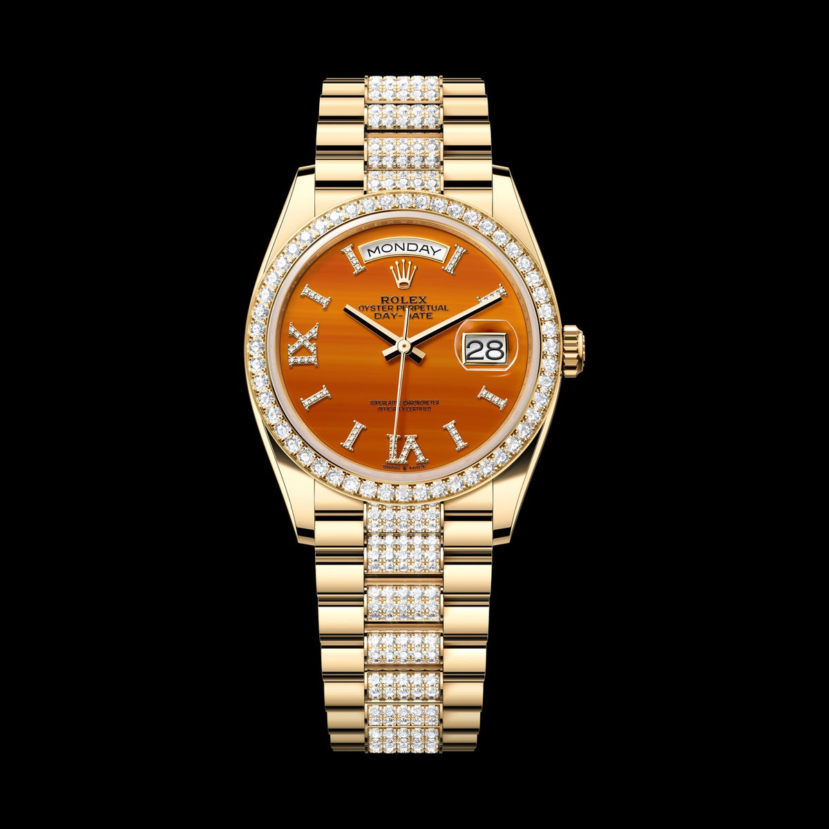 Rolex Day-Date 36mm 128348RBR-0050: 18k Yellow Gold, Carnelian, Set with Diamonds Dial, President Bracelet
