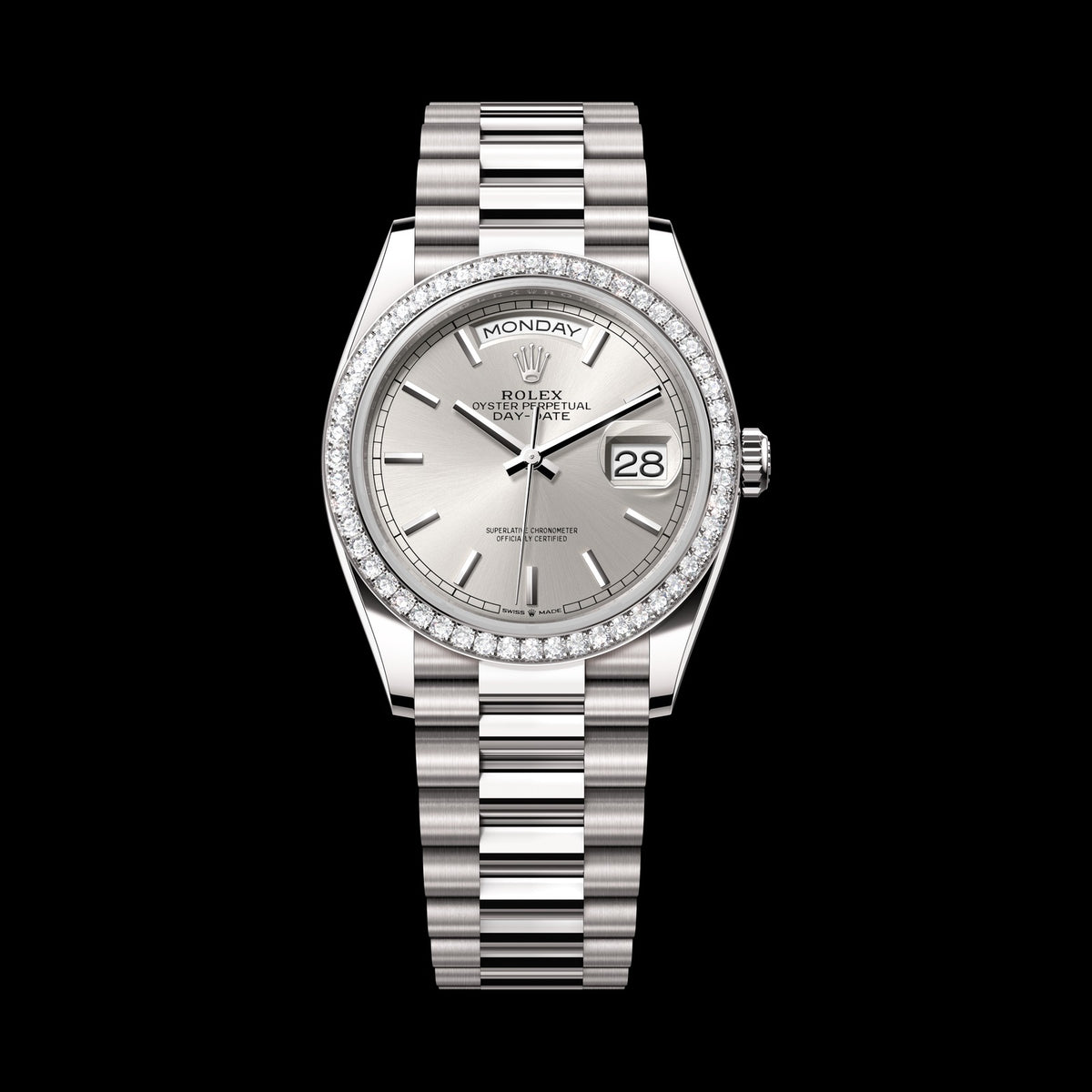 Rolex Day-Date 36mm 128349RBR-0001: 18k White Gold, Silver Dial, President Bracelet
