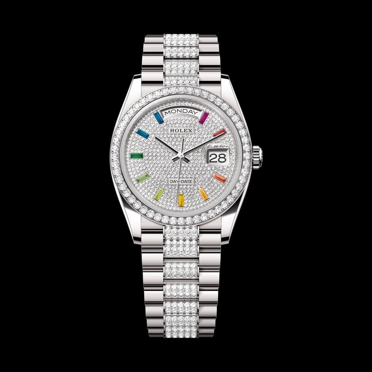 Rolex Day-Date 36mm 128349RBR-0012: 18k White Gold, Diamond-Paved Dial, President Bracelet