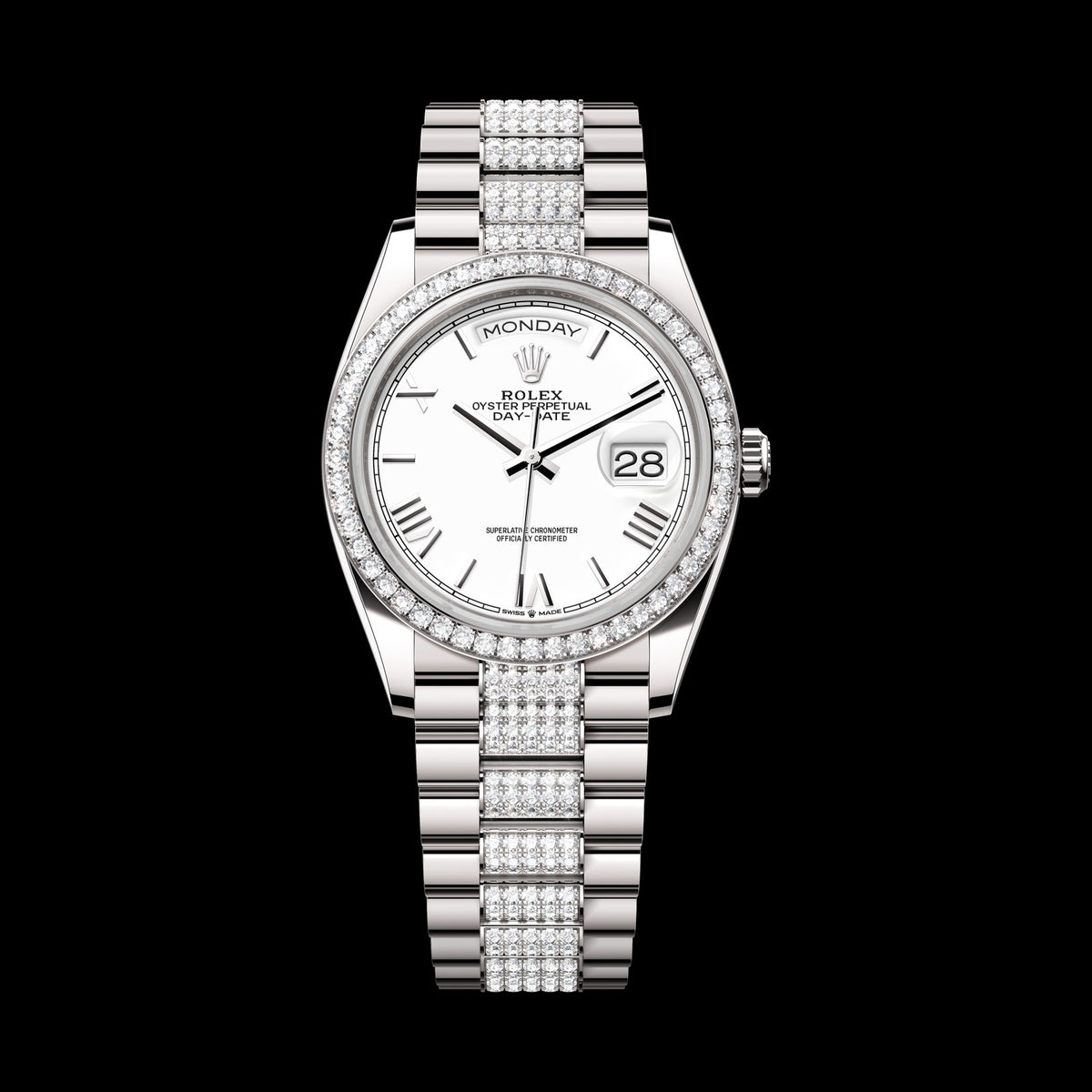 Rolex Day-Date 36mm 128349RBR-0044: 18k White Gold, White Dial, President Bracelet