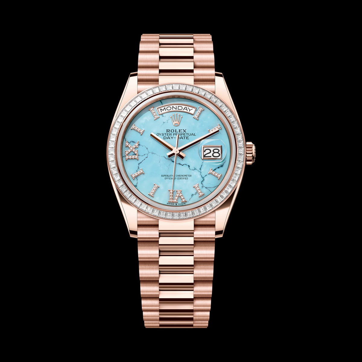 Rolex Day-Date 36mm 128395TBR-0018: 18k Everose Gold, Turquoise, Set with Diamonds Dial, President Bracelet