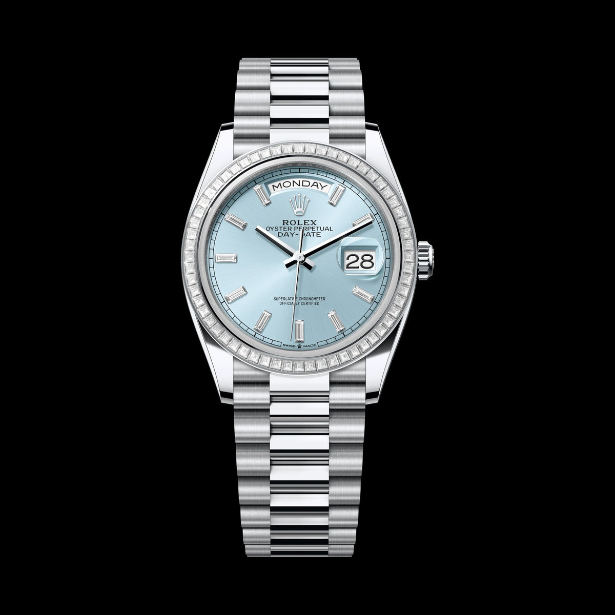 Rolex Day-Date 36mm 128396TBR-0003: Platinum, Ice Blue, Set with Diamonds Dial, President Bracelet