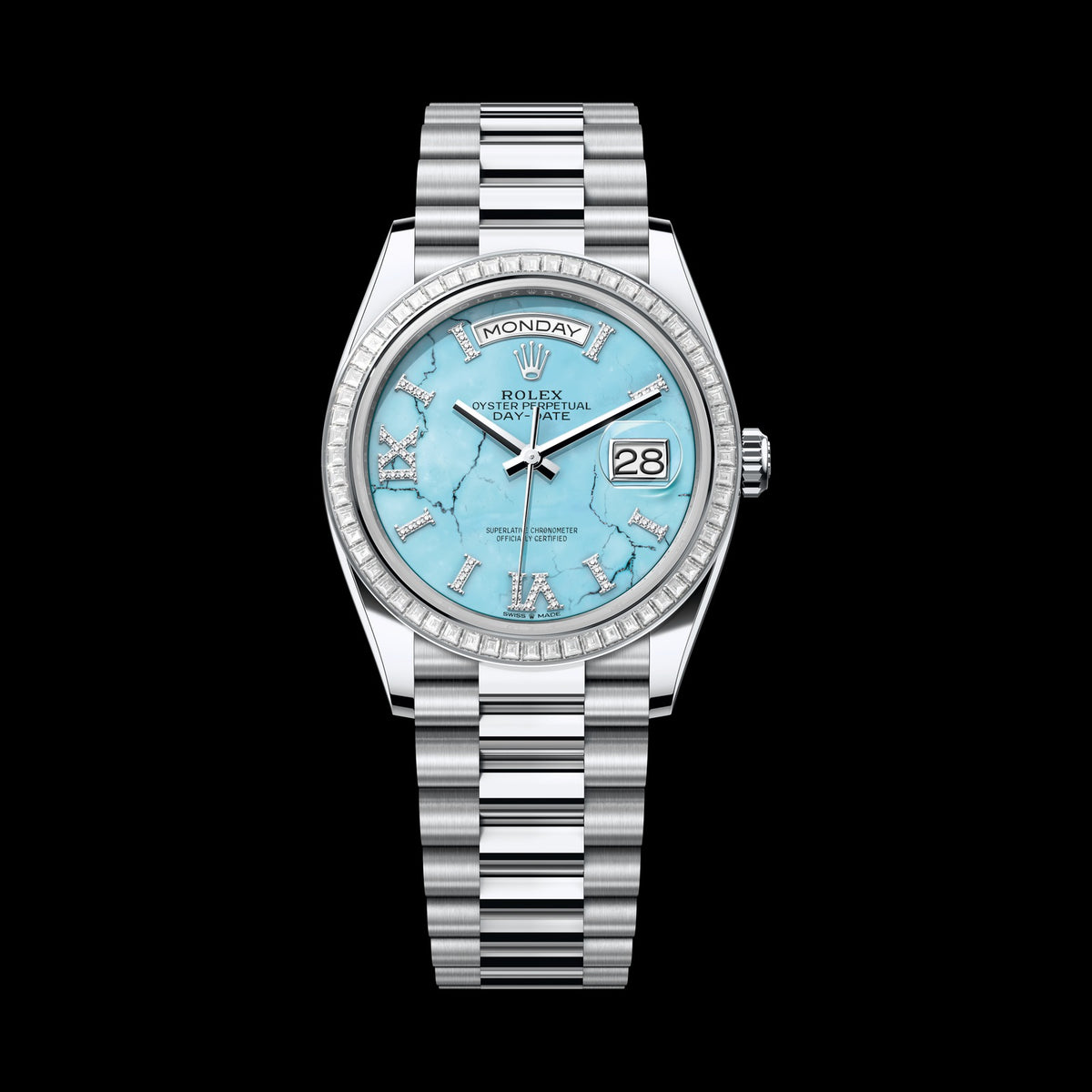Rolex Day-Date 36mm 128396TBR-0016: Platinum, Turquoise, Set with Diamonds Dial, President Bracelet