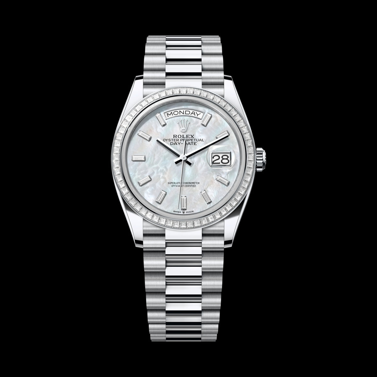 Rolex Day-Date 36mm 128396TBR-0022: Platinum, White Mother-of-Pearl, Set with Diamonds Dial, President Bracelet