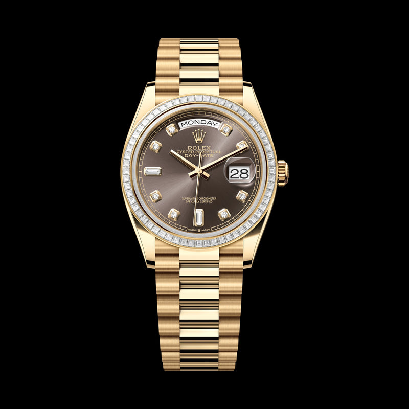 Rolex Day-Date 36mm 128398TBR-0006: 18k Yellow Gold, Chocolate, Diamond Dial, President Bracelet