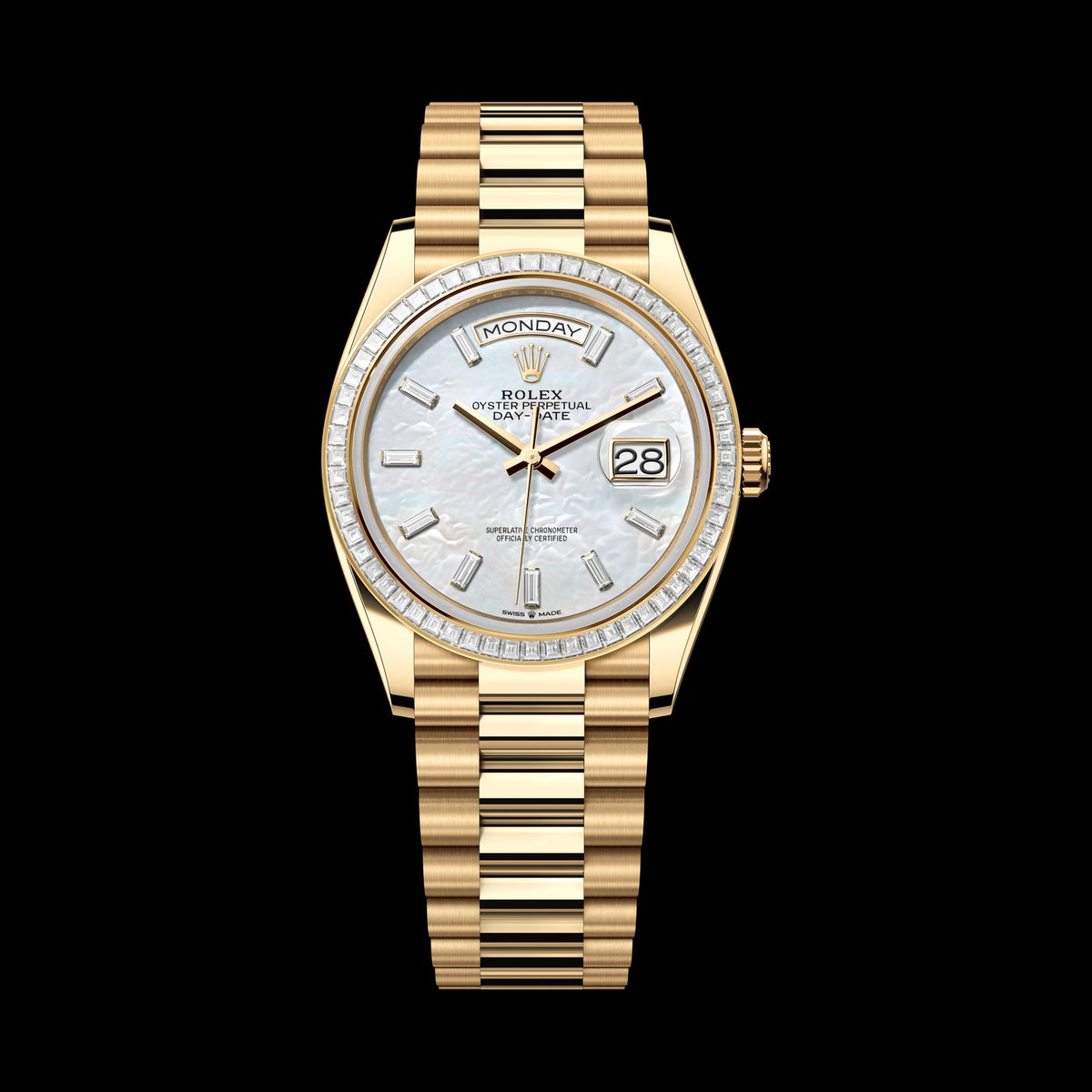 Rolex Day-Date 36mm 128398TBR-0030: 18k Yellow Gold, White Mother-of-Pearl, Set with Diamonds Dial, President Bracelet