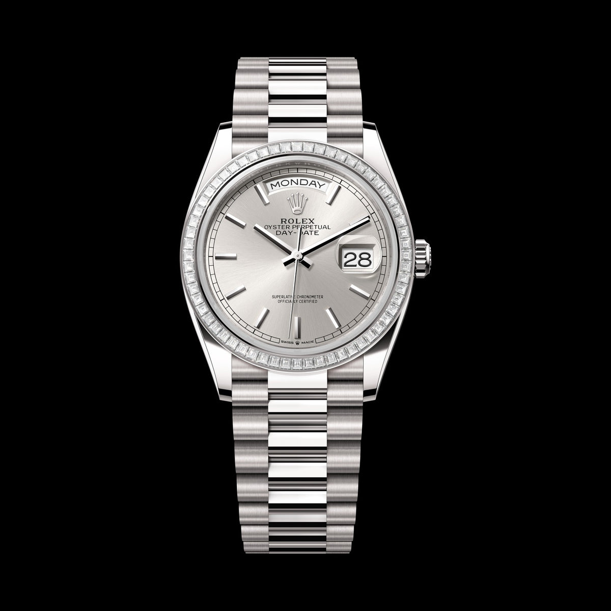 Rolex Day-Date 36mm 128399TBR-0001: 18k White Gold, Silver, Set with Diamonds Dial, President Bracelet