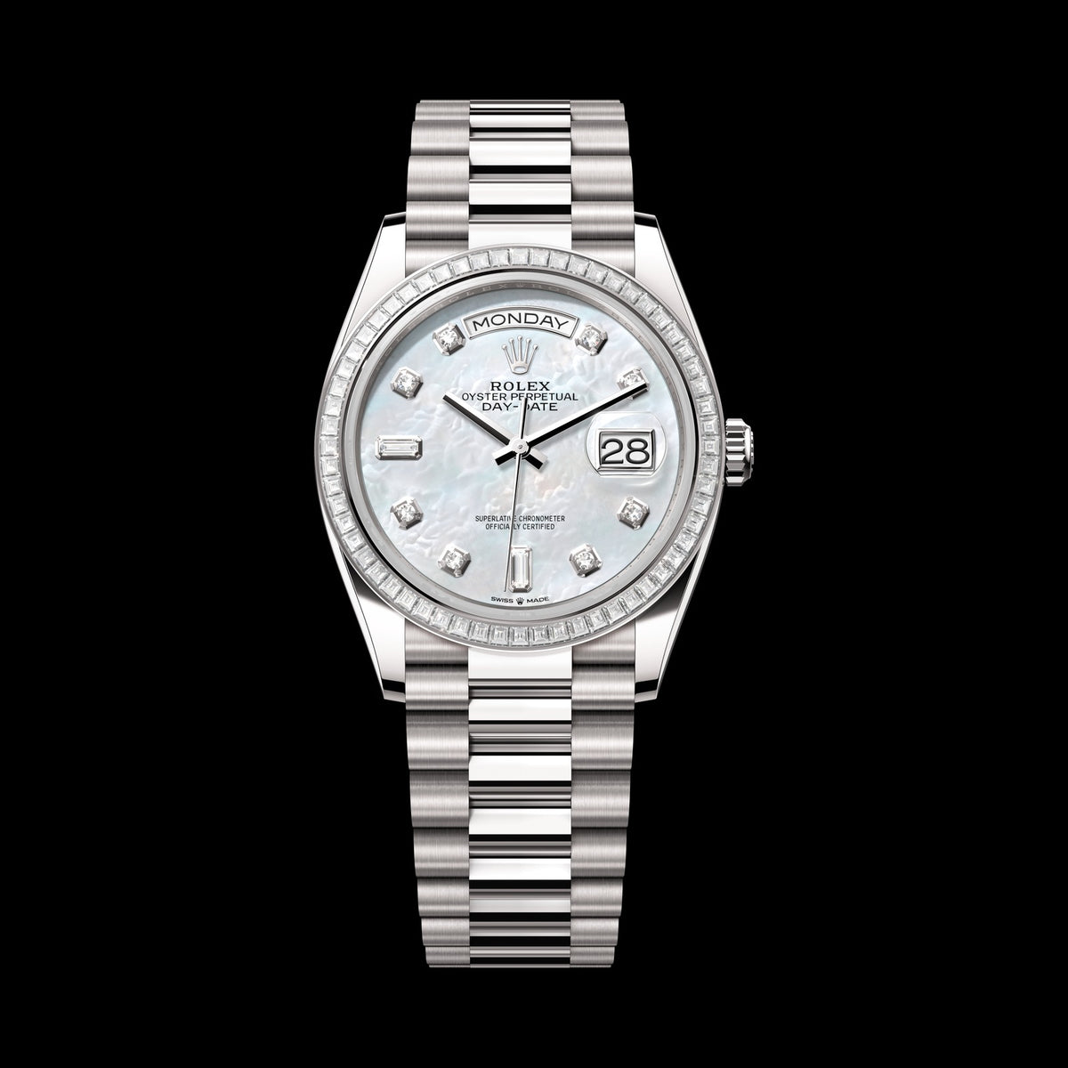 Rolex Day-Date 36mm 128399TBR-0003: 18k White Gold, White Mother-of-Pearl, Set with Diamonds Dial, President Bracelet