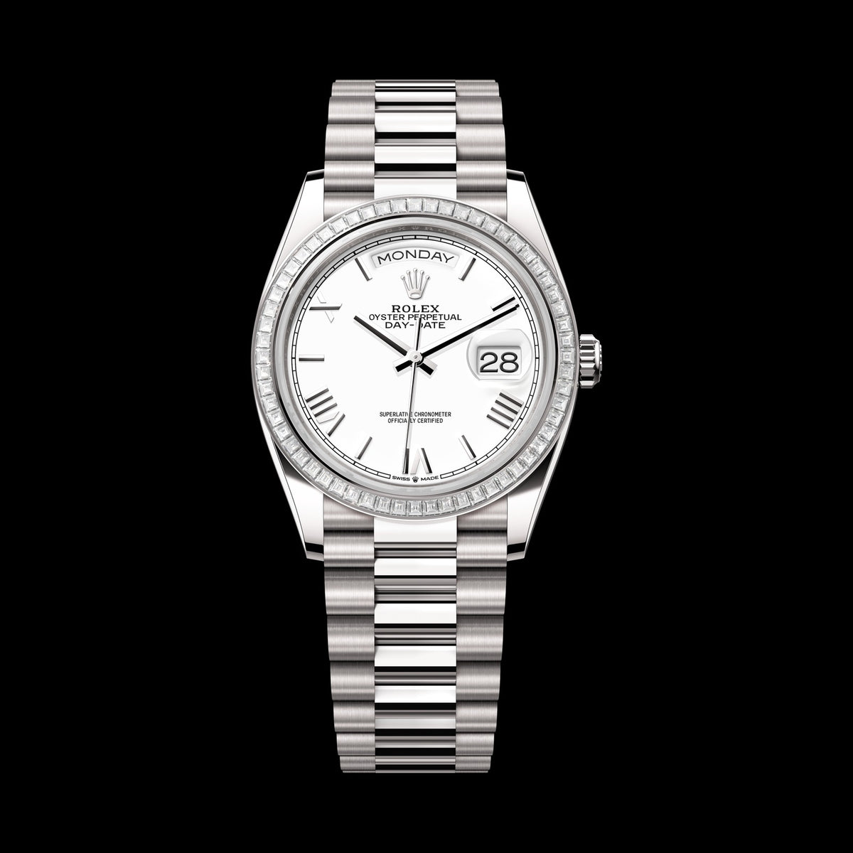 Rolex Day-Date 36mm 128399TBR-0019: 18k White Gold, White Dial, President Bracelet