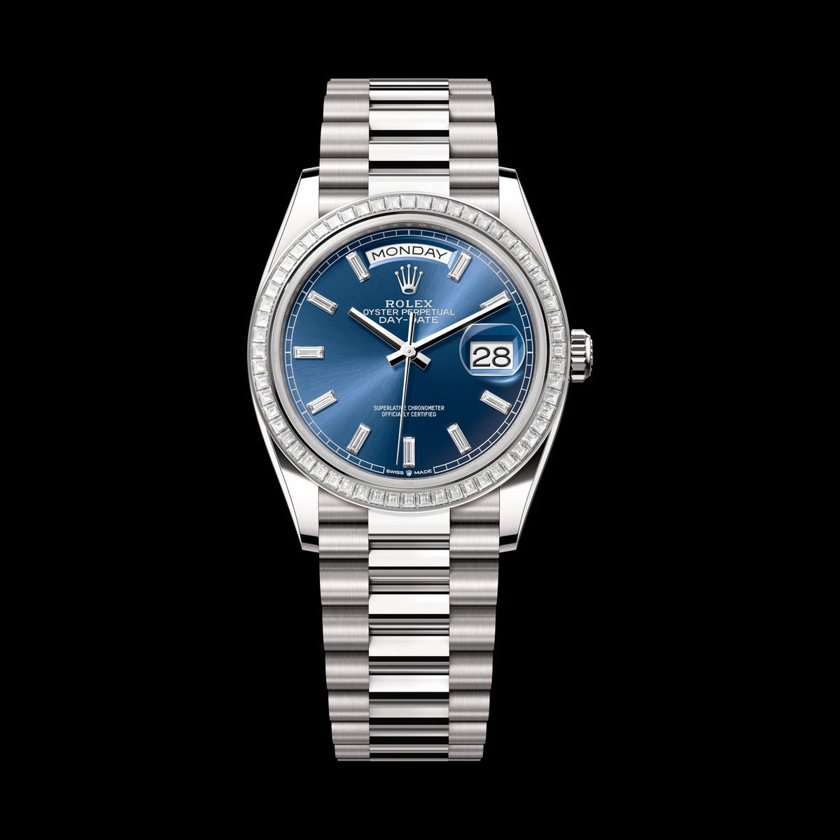 Rolex Day-Date 36mm 128399TBR-0027: 18k White Gold, Bright Blue, Set with Diamonds Dial, President Bracelet