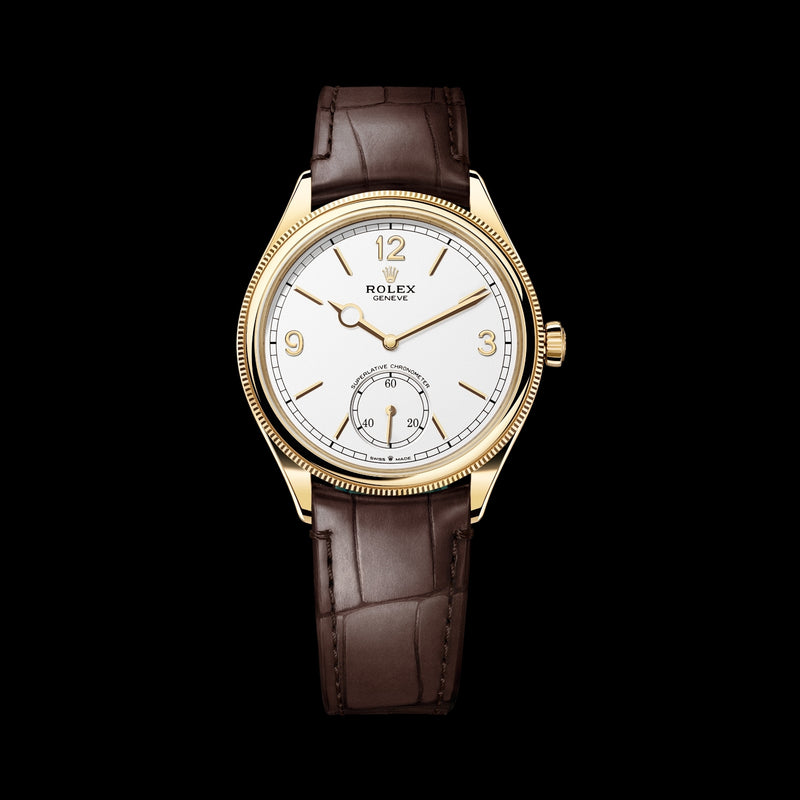Rolex Perpetual 1908 52508-0006 18k Yellow Gold Intense White Dial Brown Alligator Leather Strap