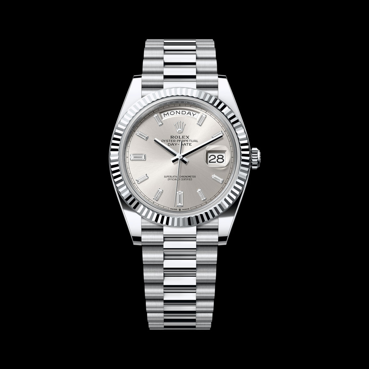 Rolex Day-Date 40mm 228236-0002: Platinum, Silver, Set with Diamonds Dial, President Bracelet
