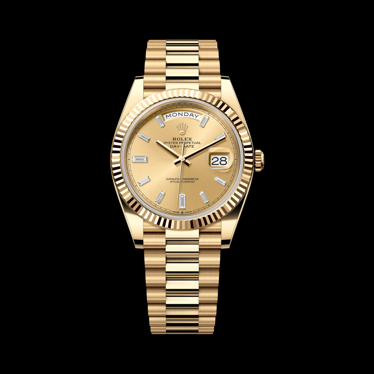 Rolex Day-Date 40mm 228238-0005: 18k Yellow Gold, Champagne, Set with Diamonds Dial, President Bracelet