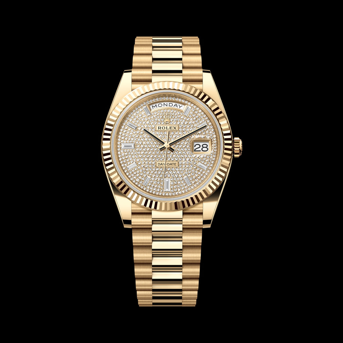 Rolex Day-Date 40mm 228238-0054: 18k Yellow Gold, Diamond-Paved Dial, President Bracelet