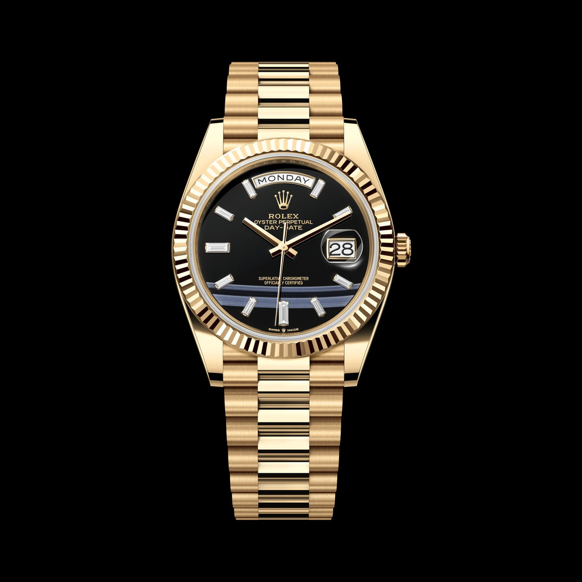Rolex Day-Date 40mm 228238-0059: 18k Yellow Gold, Onyx, Set with Diamonds Dial, President Bracelet