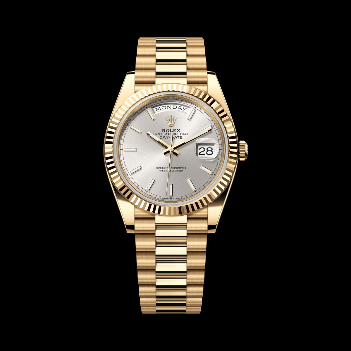 Rolex Day-Date 40mm 228238-0066: 18k Yellow Gold, Silver Dial, President Bracelet
