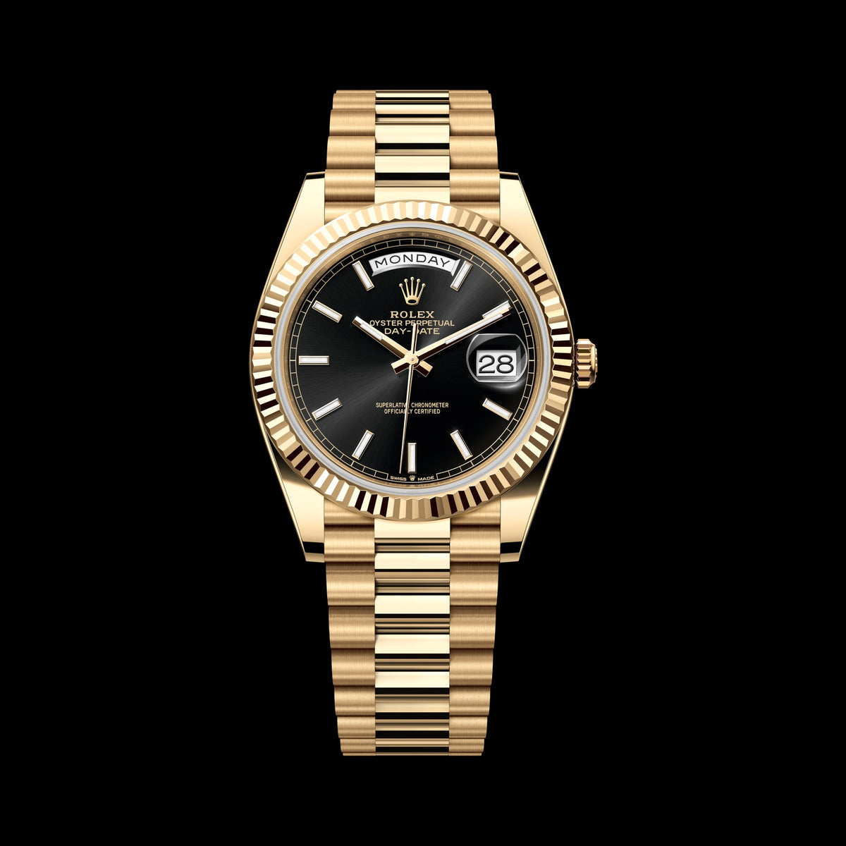 Rolex Day-Date 40mm 228238-0067: 18k Yellow Gold, Bright Black Dial, President Bracelet