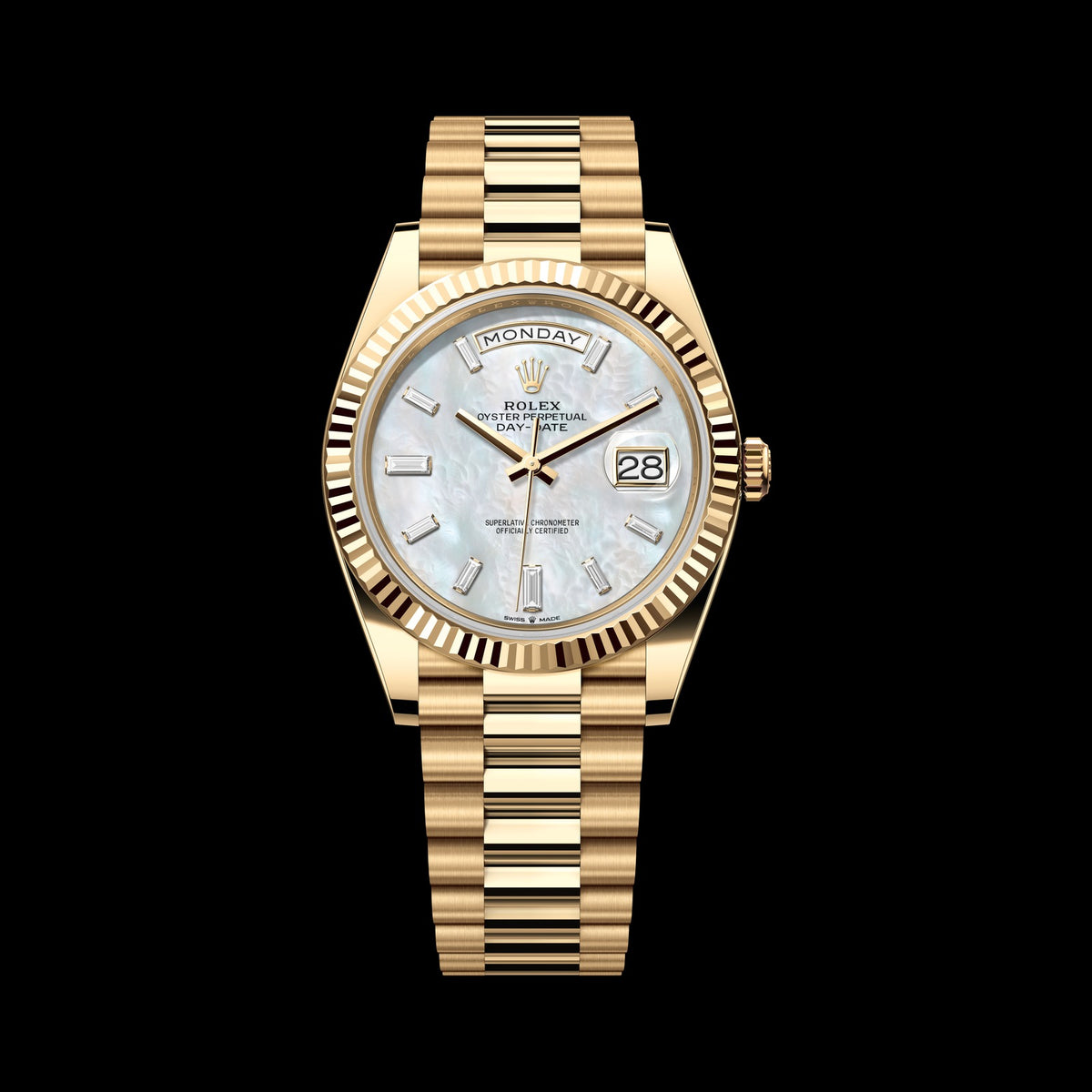 Rolex Day-Date 40mm 228238-0071: 18k Yellow Gold, White Mother-of-Pearl, Set with Diamonds Dial, President Bracelet