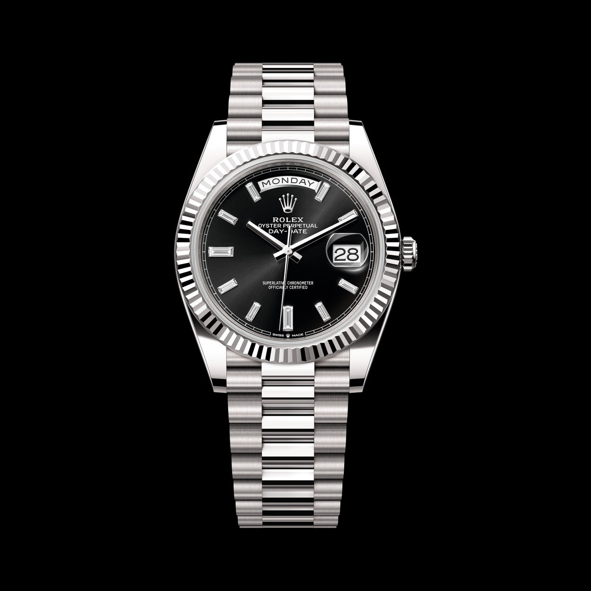 Rolex Day-Date 40mm 228239-0005: 18k White Gold, Black, Set with Diamonds Dial, President Bracelet