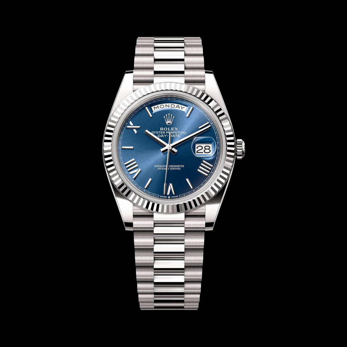 Rolex Day-Date 40mm 228239-0007: 18k White Gold, Bright Blue Dial, President Bracelet