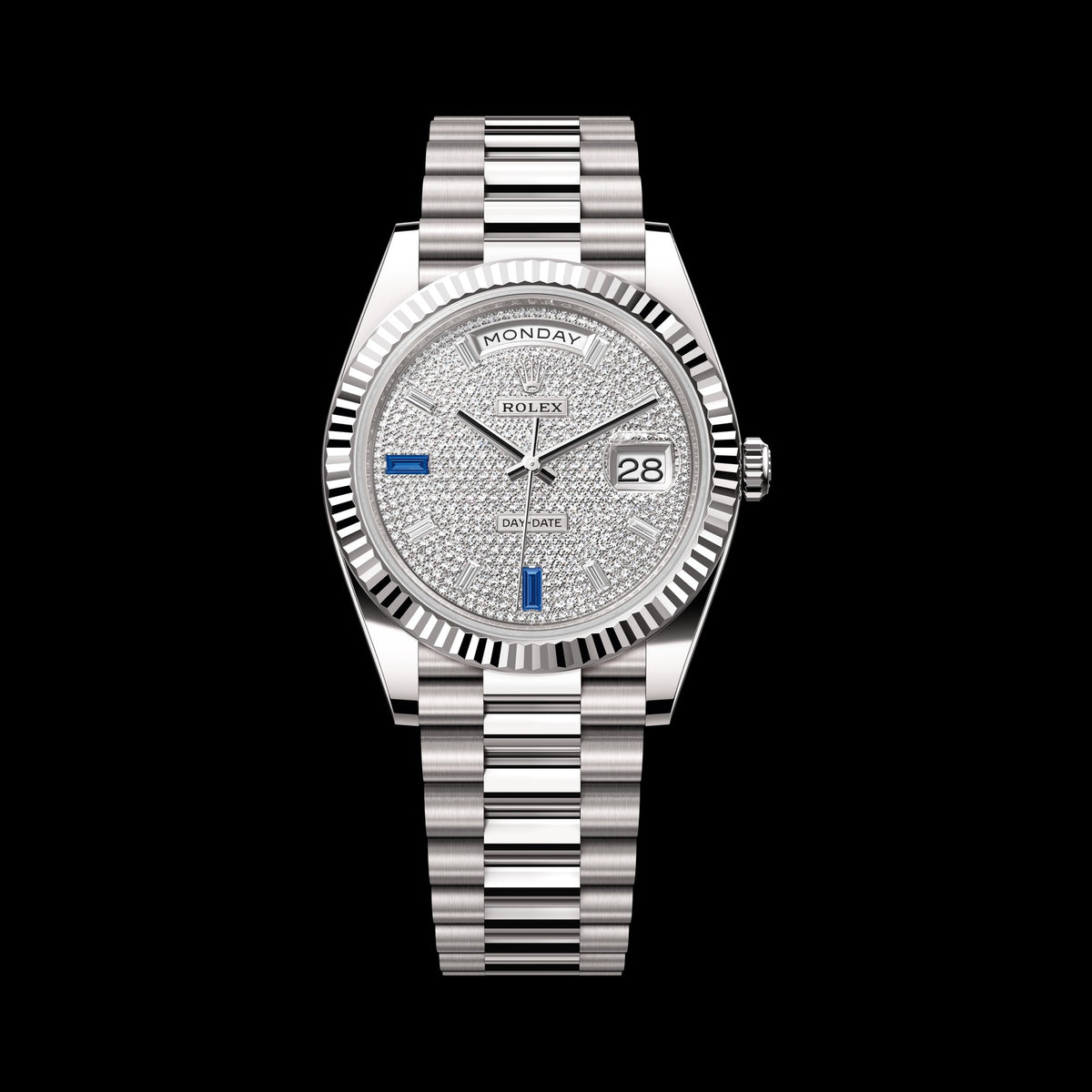 Rolex Day-Date 40mm 228239-0049: 18k White Gold, Diamond-Paved Dial, President Bracelet