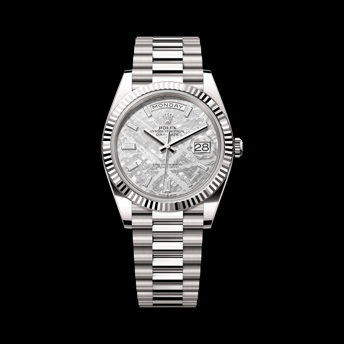 Rolex Day-Date 40mm 228239-0055: 18k White Gold, Meteorite, Set with Diamonds Dial, President Bracelet