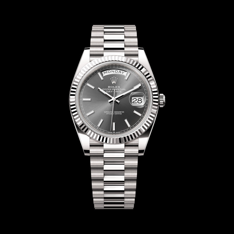 Rolex Day-Date 40mm 228239-0060: 18k White Gold, Slate Dial, President Bracelet