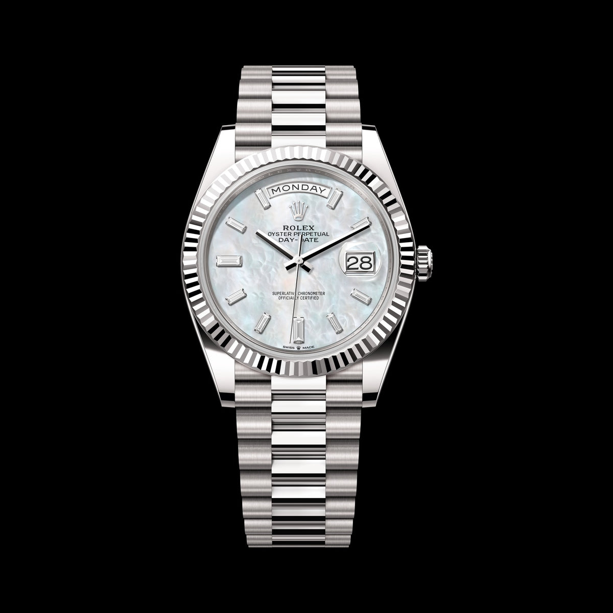 Rolex Day-Date 40mm 228239-0078: 18k White Gold, White Mother-of-Pearl, Set with Diamonds Dial, President Bracelet