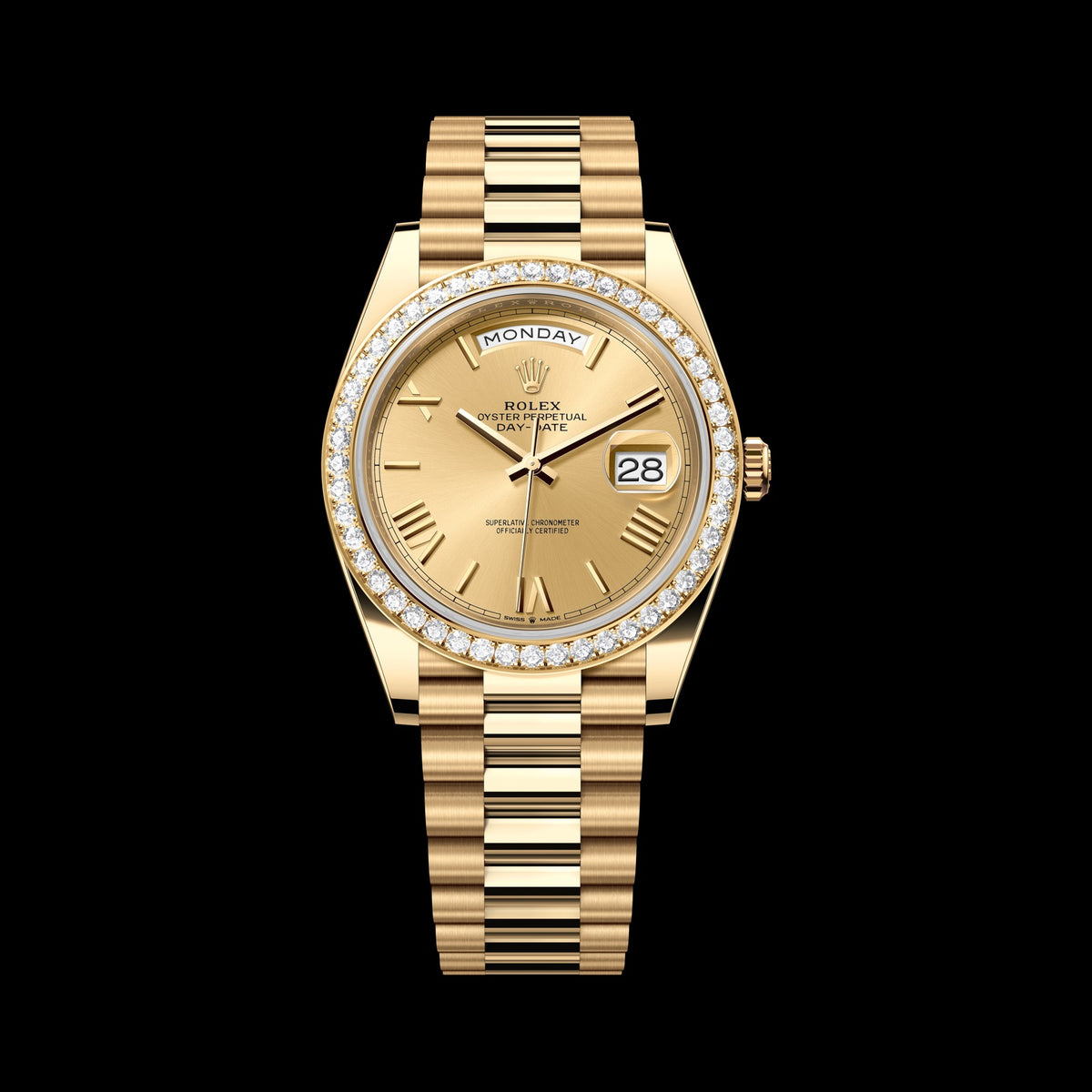 Rolex Day-Date 40mm 228348RBR-0003: 18k Yellow Gold, Champagne, Set with Diamonds Dial, President Bracelet