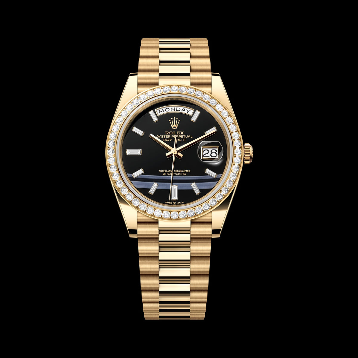 Rolex Day-Date 40mm 228348RBR-0039: 18k Yellow Gold, Onyx, Set with Diamonds Dial, President Bracelet