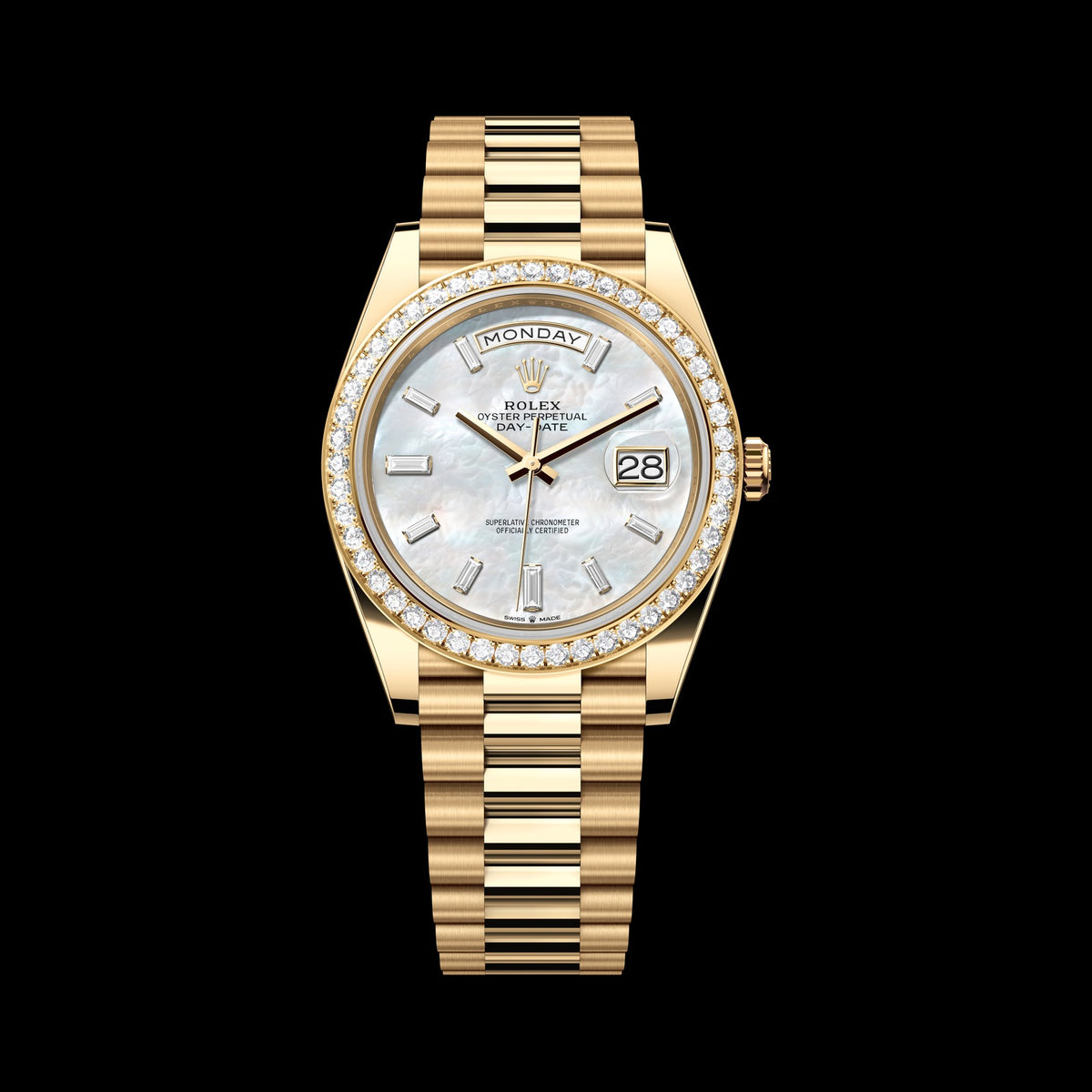 Rolex Day-Date 40mm 228348RBR-0046: 18k Yellow Gold, White Mother-of-Pearl, Set with Diamonds Dial, President Bracelet