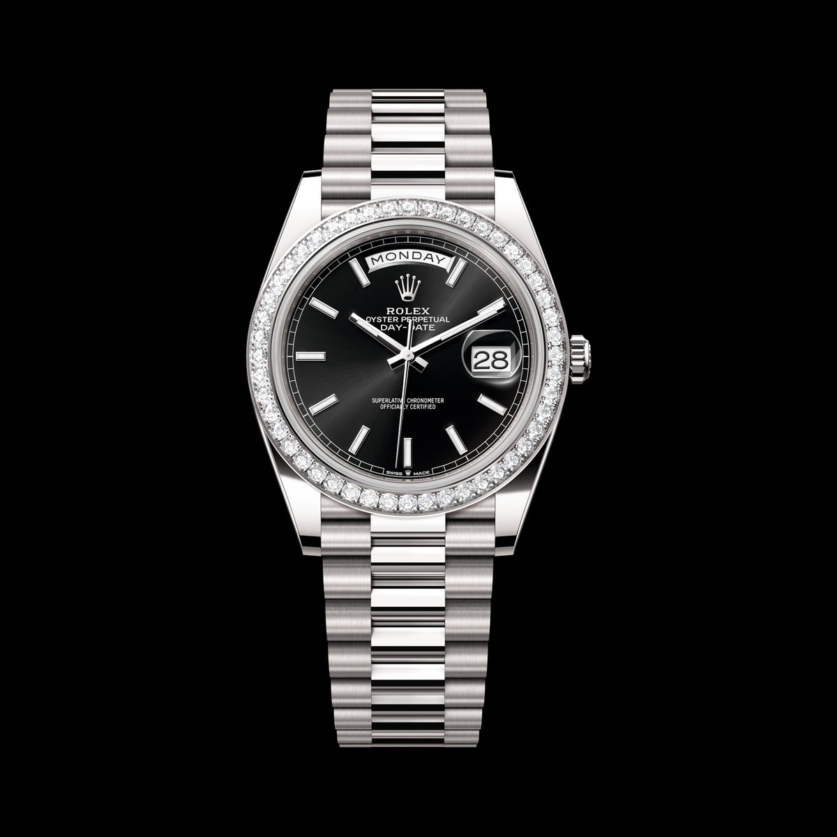 Rolex Day-Date 40mm 228349RBR-0002: 18k White Gold, Bright Black Dial, President Bracelet