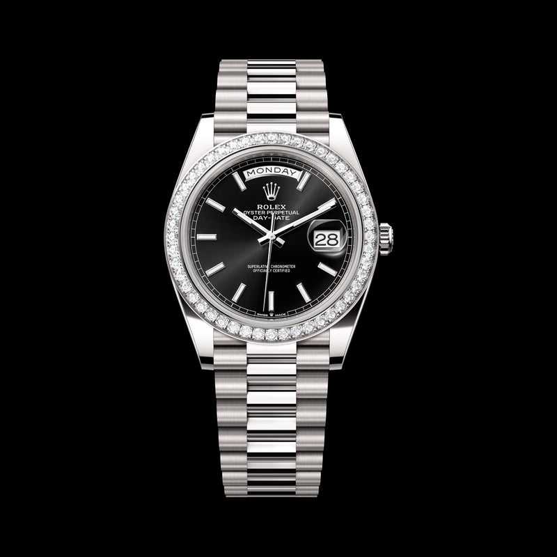 Rolex Day-Date 40mm 228349RBR-0002: 18k White Gold, Bright Black Dial, President Bracelet