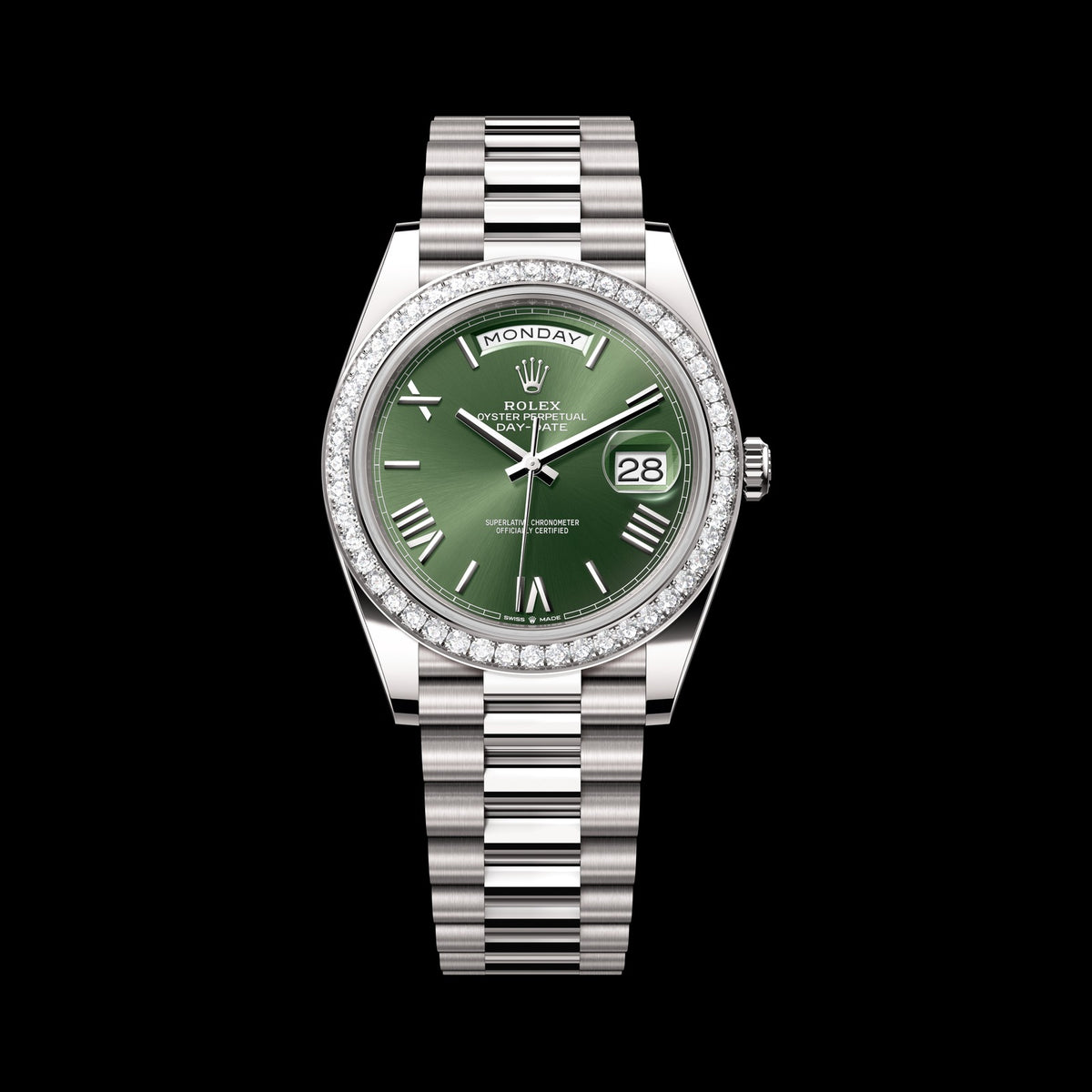 Rolex Day-Date 40mm 228349RBR-0030: 18k White Gold, Olive Green Dial, President Bracelet