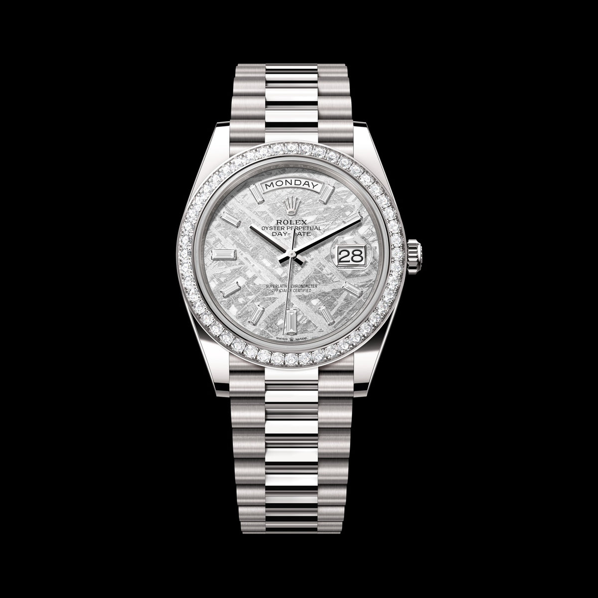 Rolex Day-Date 40mm 228349RBR-0040: 18k White Gold, Meteorite, Set with Diamonds Dial, President Bracelet