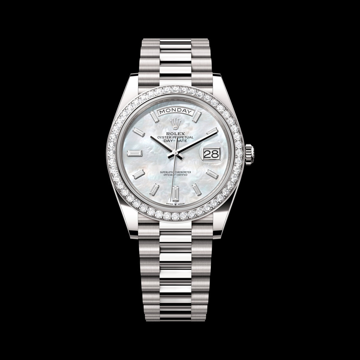 Rolex Day-Date 40mm 228349RBR-0046: 18k White Gold, White Mother-of-Pearl, Set with Diamonds Dial, President Bracelet