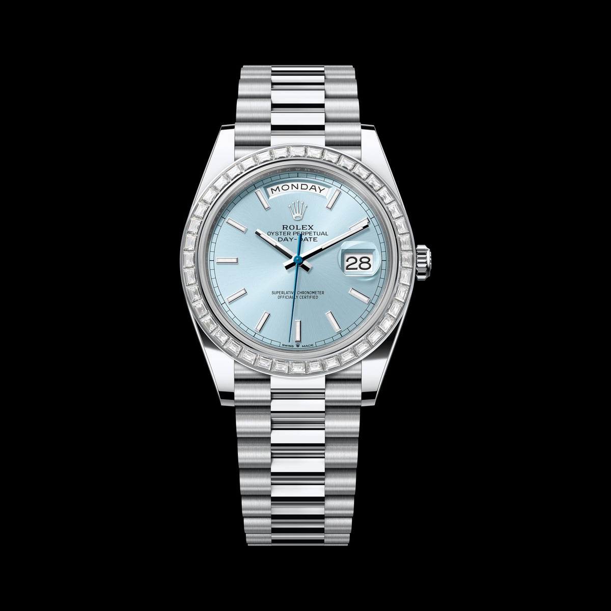 Rolex Day-Date 40mm 228396TBR-0039: Platinum, Ice-Blue, Set with Diamonds Dial, President Bracelet