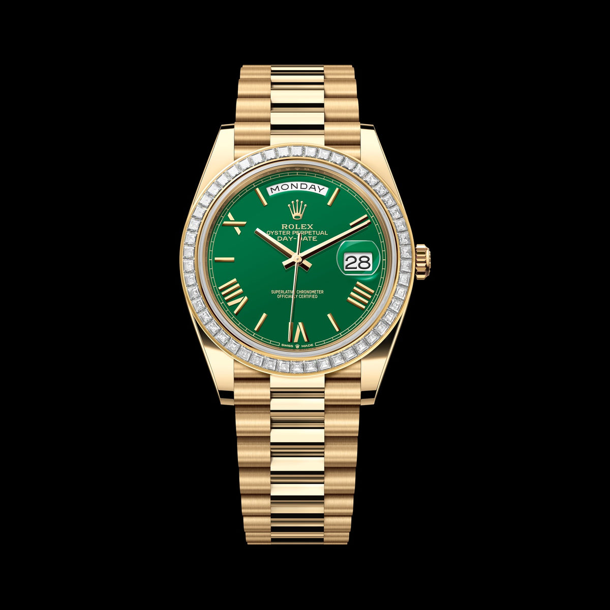 Rolex Day-Date 40mm 228398TBR-0039: 18k Yellow Gold, Green, Set with Diamonds Dial, President Bracelet