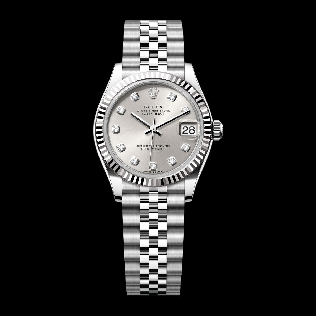 Rolex Datejust 31mm 278274-0030: Oystersteel & 18k White Gold, Silver, Set with Diamonds Dial, Jubilee Bracelet