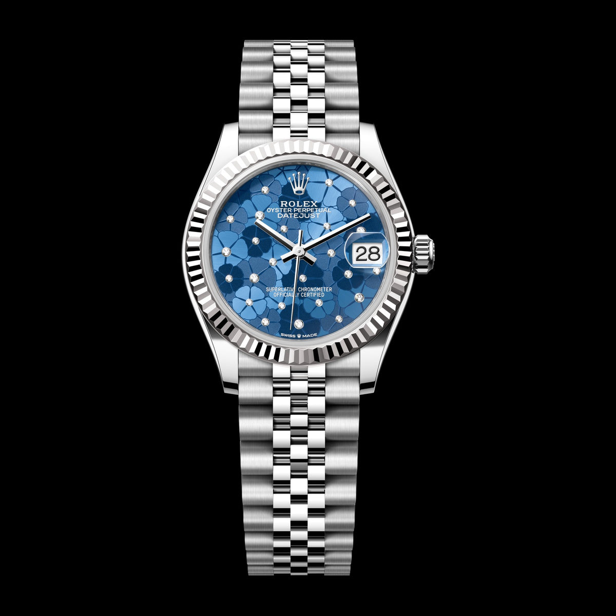 Rolex Datejust 31mm 278274-0036: Oystersteel & 18k White Gold, Azzurro Blue, Floral Motif, Set with Diamonds Dial, Jubilee Bracelet