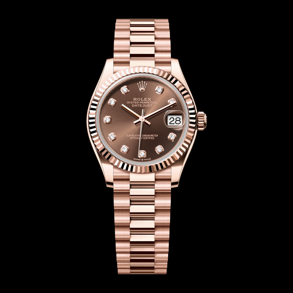 Rolex Datejust 31mm 278275-0010: 18k Everose Gold, Chocolate, Set with Diamonds Dial, President Bracelet