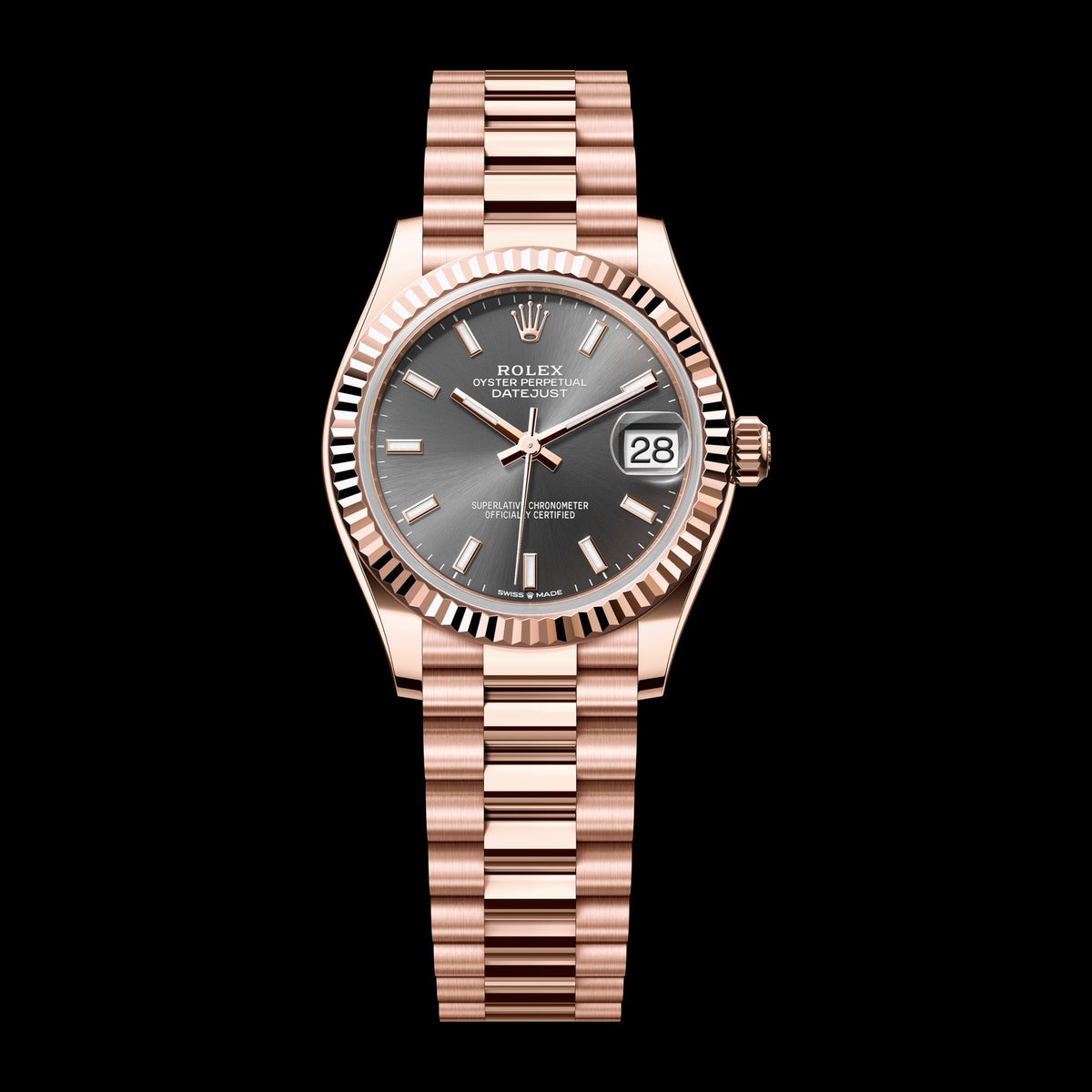 Rolex Datejust 31mm 278275-0027: 18k Everose Gold, Slate Dial, President Bracelet