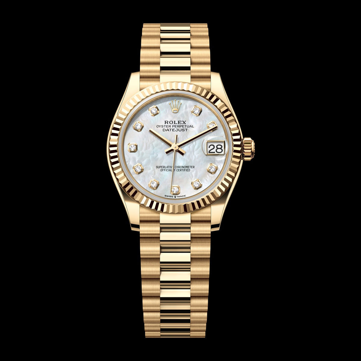 Rolex Datejust 31mm 278278-0010: 18k Yellow Gold, White Mother-of-Pearl, Set with Diamonds Dial, President Bracelet