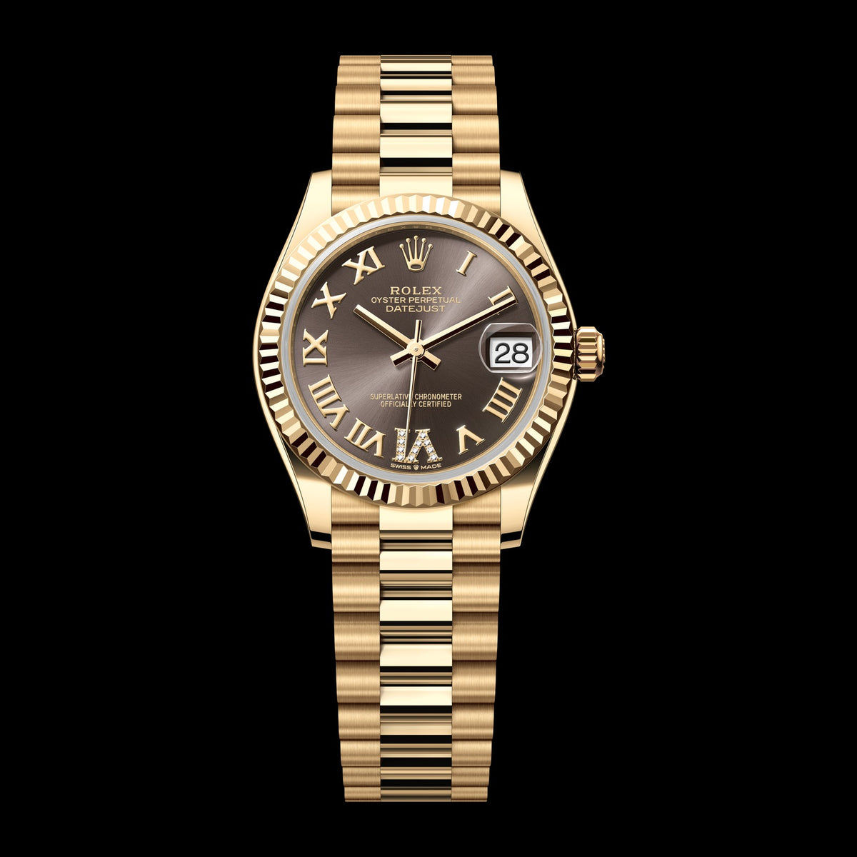 Rolex Datejust 31mm 278278-0032: 18k Yellow Gold, Dark Grey, Set with Diamonds Dial, President Bracelet