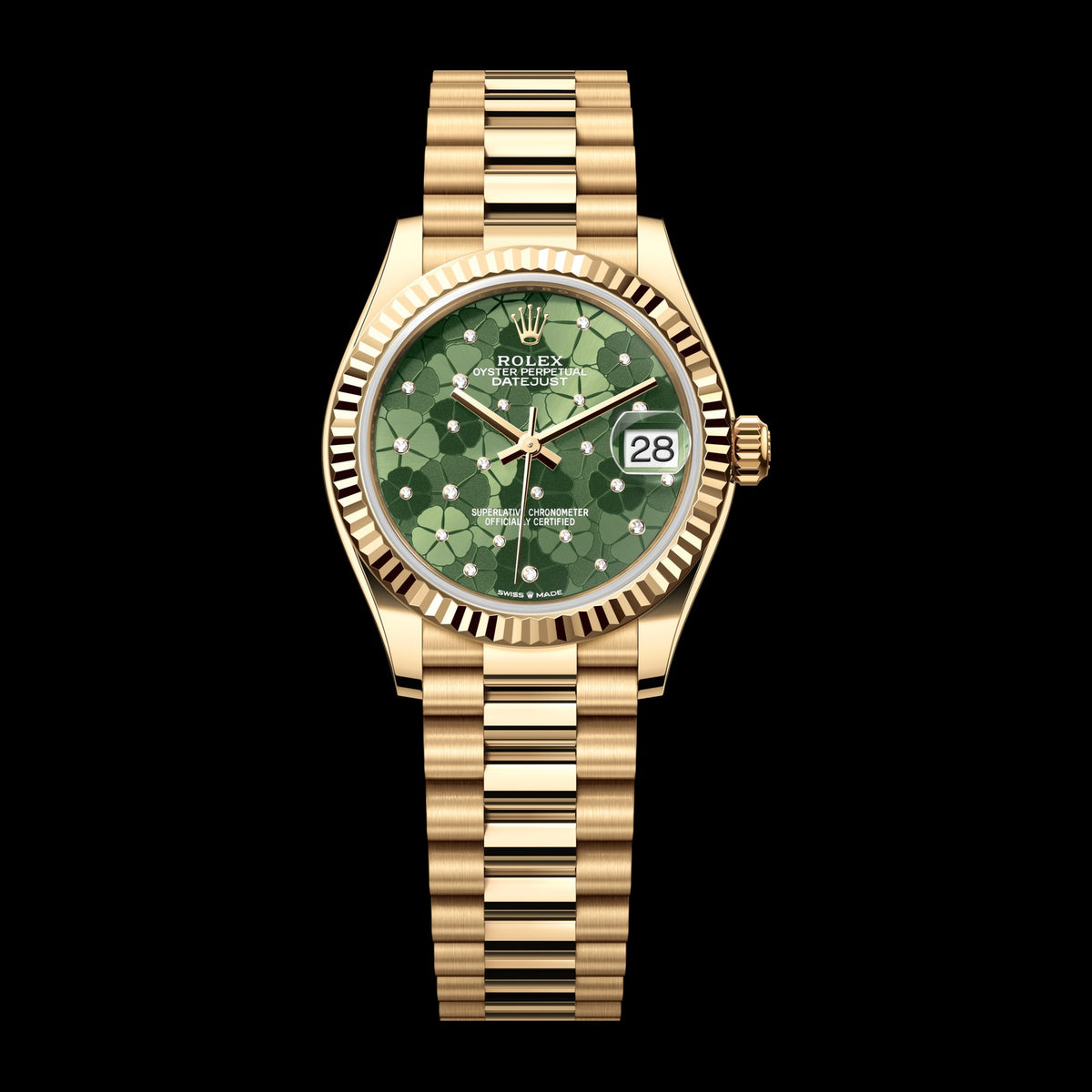 Rolex Datejust 31mm 278278-0046: 18k Yellow Gold, Olive-Green Floral-Motif, Set with Diamonds Dial, President Bracelet