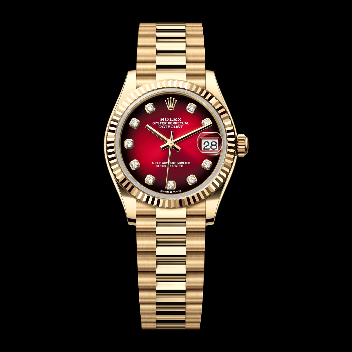 Rolex Datejust 31mm 278278-0049: 18k Yellow Gold, Red Ombré, Set with Diamonds Dial, President Bracelet